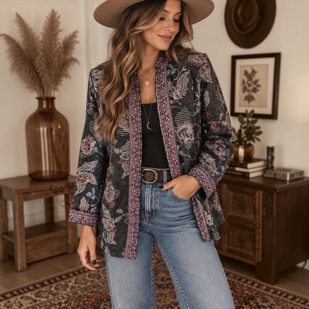 Vintage Laura Ashley M Black Floral Tapestry Open Front Jacket Boho